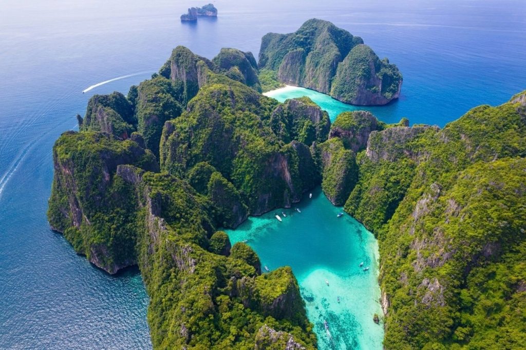 Aerial view of limestone islands and turquoise lagoons in the Phi Phi Islands, Thailand